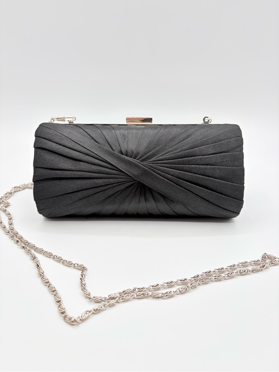 le chateau Handbags - Le Chateau Black Satin Pleated Evening Clutch Chain Shoulder Bag